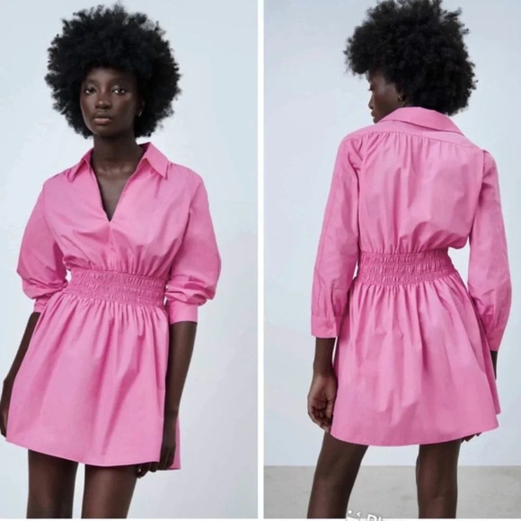 Zara Barbie Pink Short Dress. Poplin Mini Shirt Dress. Medium - Picture 1 of 12